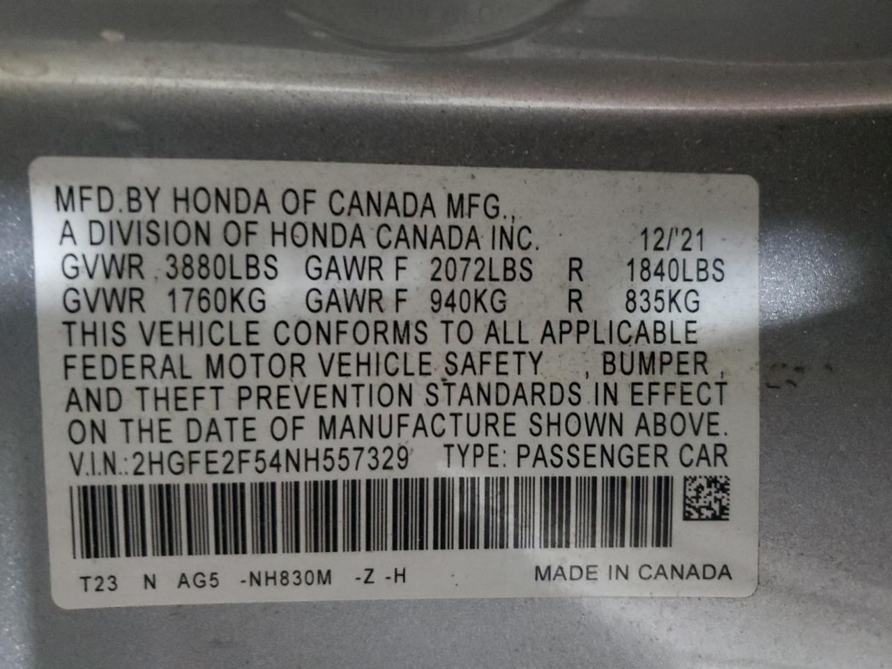 2022 HONDA CIVIC SPORT VIN:2HGFE2F54NH557329