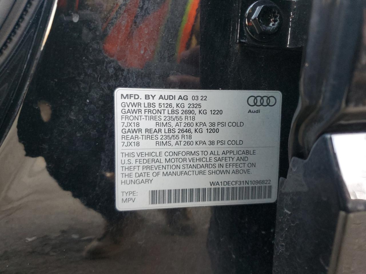 2022 AUDI Q3 PREMIUM S LINE 45 VIN:WA1DECF31N1096822