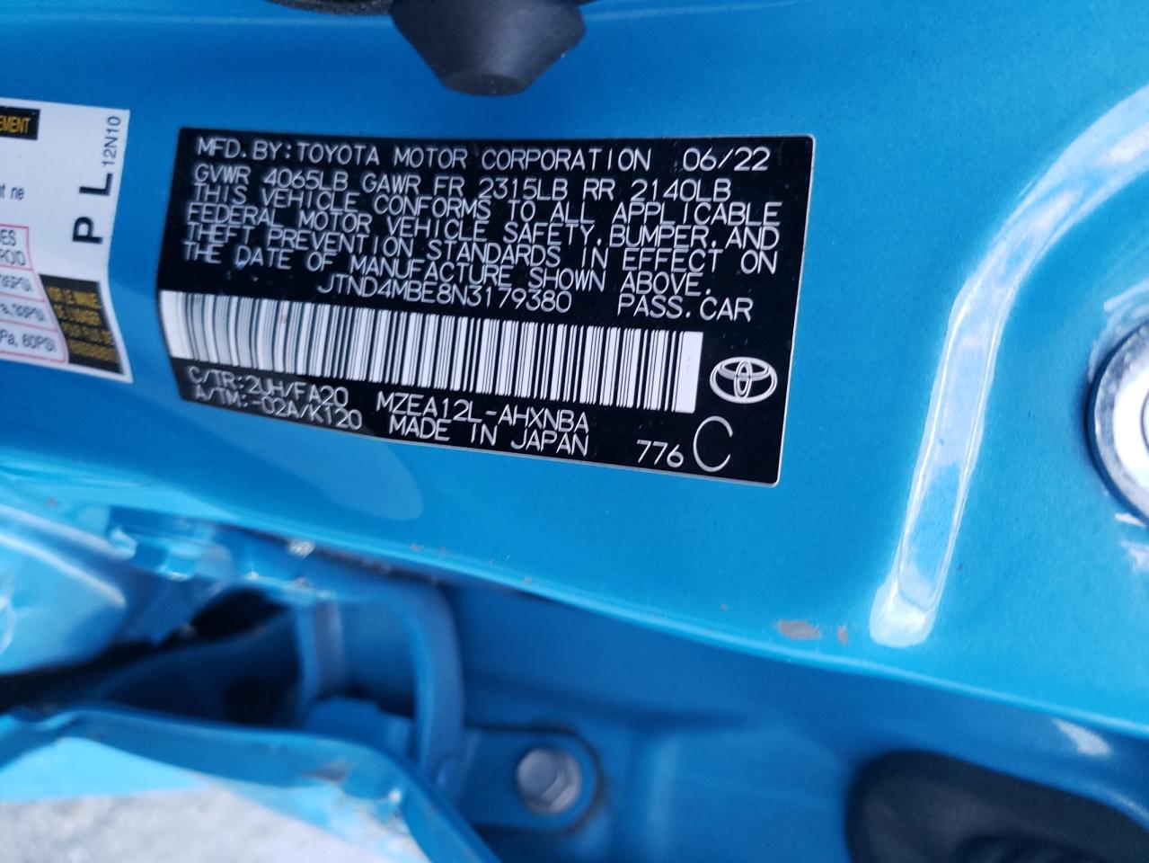 2022 TOYOTA COROLLA SE VIN:JTND4MBE8N3179380