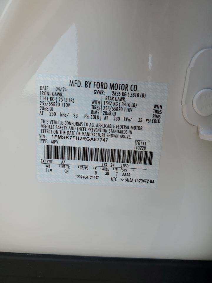 2024 FORD EXPLORER LIMITED VIN:1FMSK7FH2RGA87747