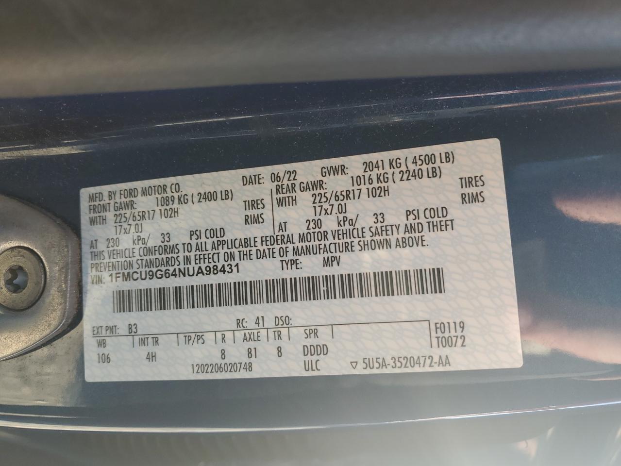 2022 FORD ESCAPE SE VIN:1FMCU9G64NUA98431