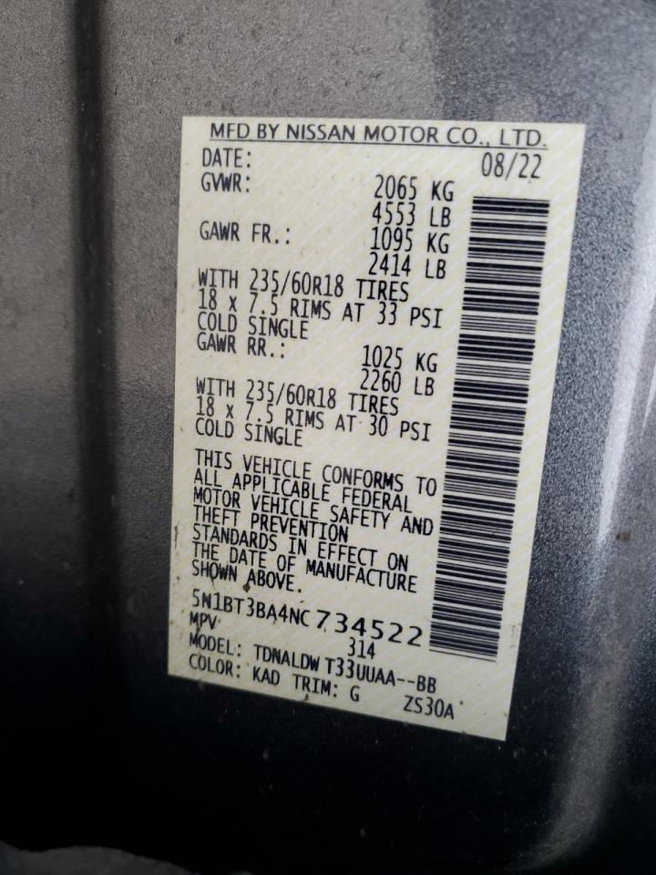 2022 NISSAN ROGUE SV VIN:5N1BT3BA4NC734522
