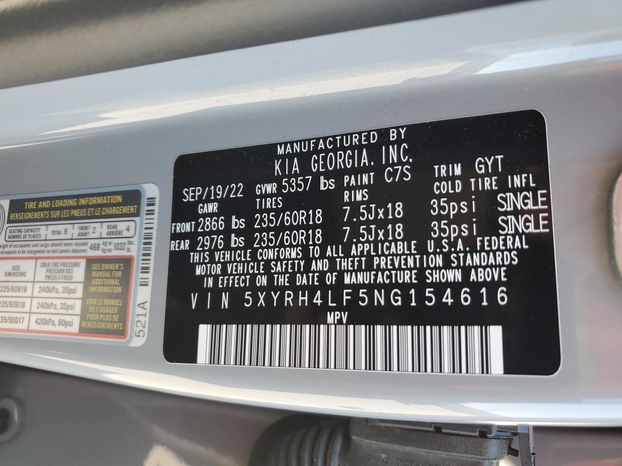 2022 KIA SORENTO EX VIN:5XYRH4LF5NG154616