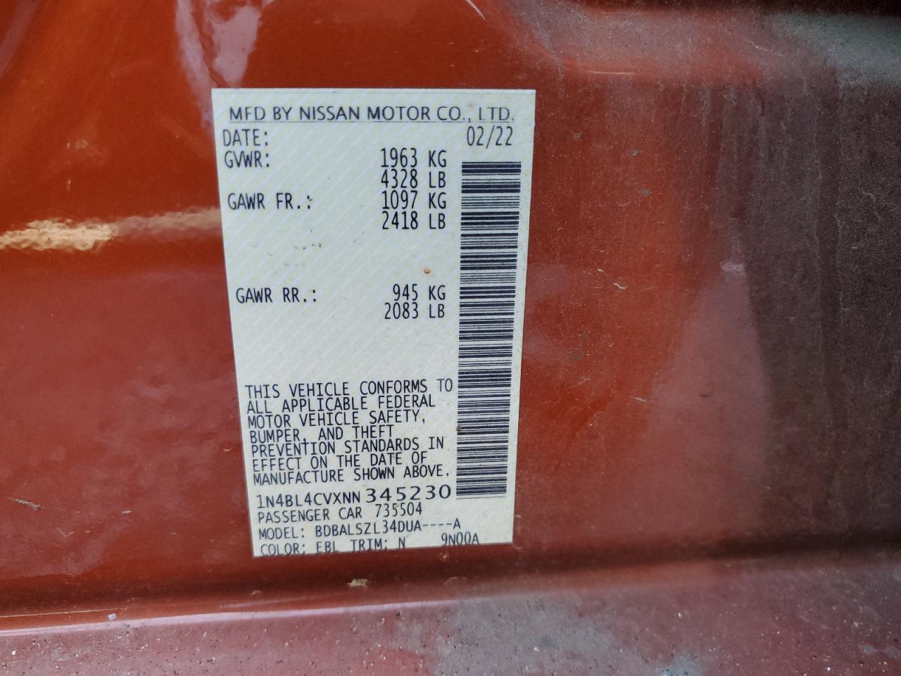 2022 NISSAN ALTIMA SR VIN:1N4BL4CVXNN345230