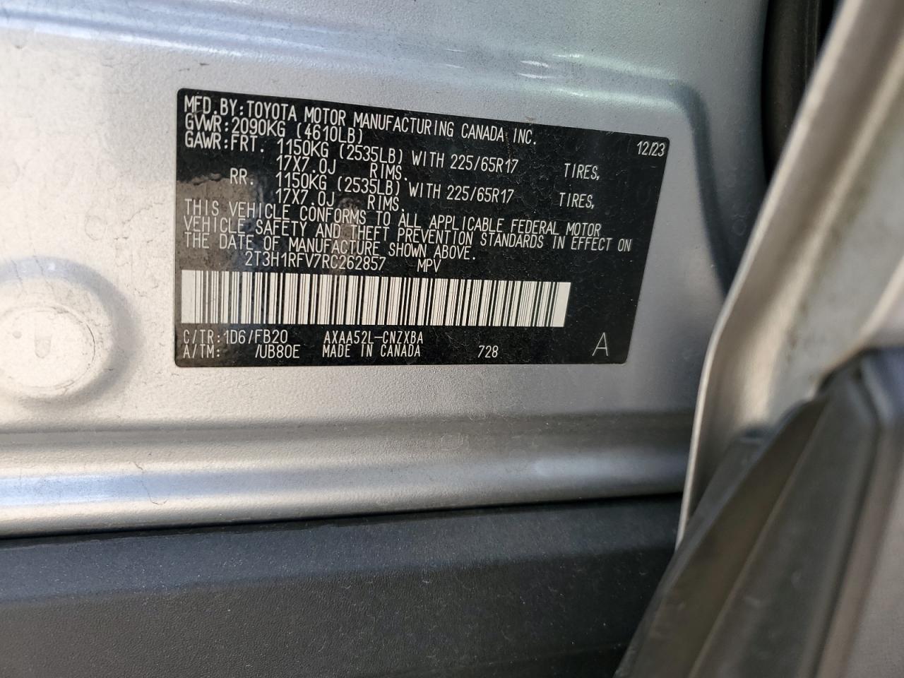 2024 TOYOTA RAV4 LE VIN:2T3H1RFV7RC262857