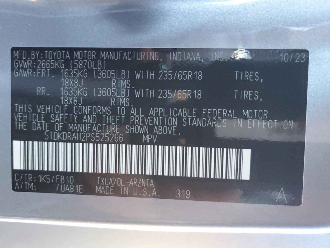 2023 TOYOTA HIGHLANDER L VIN:5TDKDRAH2PS525266