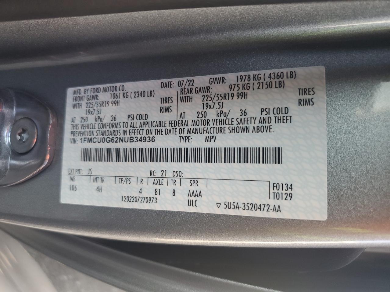 2022 FORD ESCAPE SE VIN:1FMCU0G62NUB34936