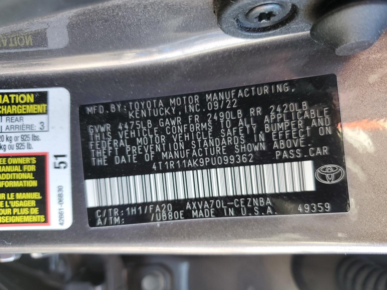 2023 TOYOTA CAMRY LE VIN:4T1R11AK9PU099362
