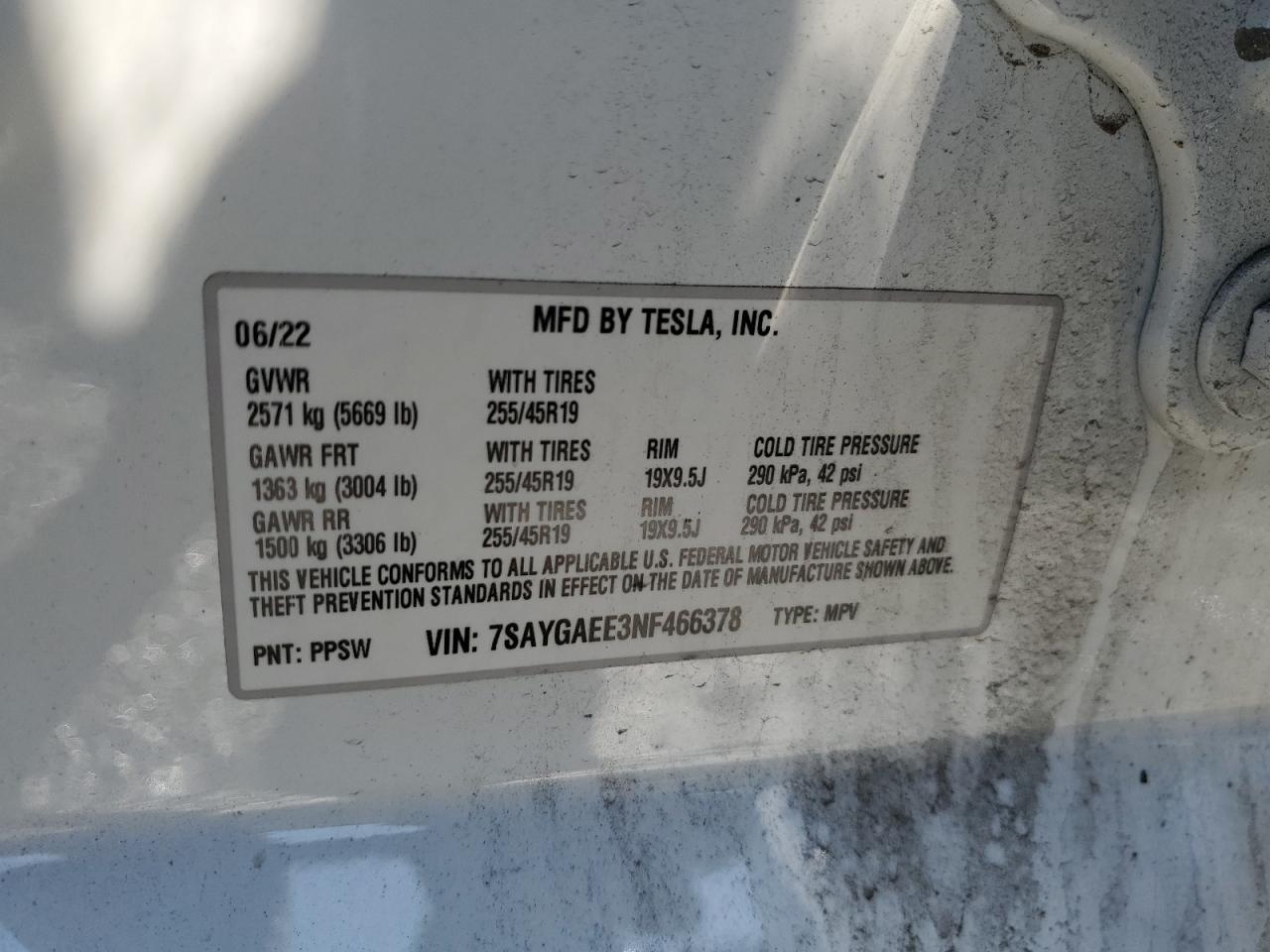 2022 TESLA MODEL Y  VIN:7SAYGAEE3NF466378