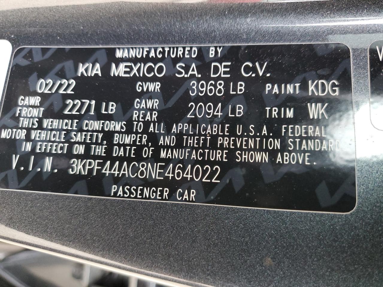 2022 KIA FORTE GT VIN:3KPF44AC8NE464022