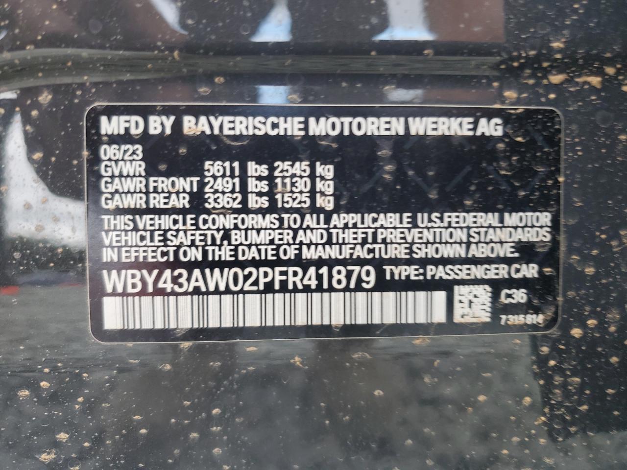 2023 BMW I4 EDRIVE 35 VIN:WBY43AW02PFR41879