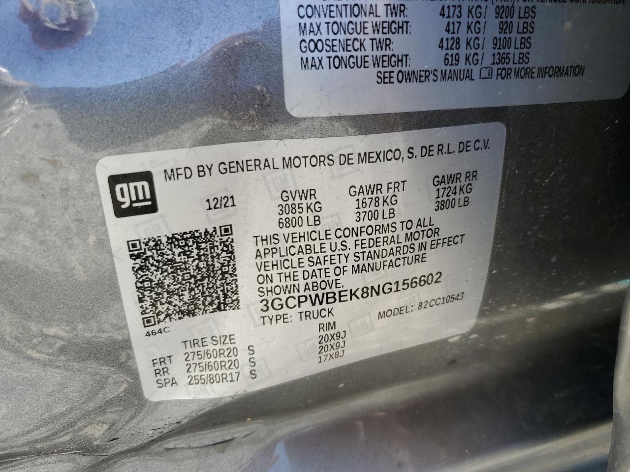 2022 CHEVROLET SILVERADO LTD C1500 CUSTOM VIN:3GCPWBEK8NG156602