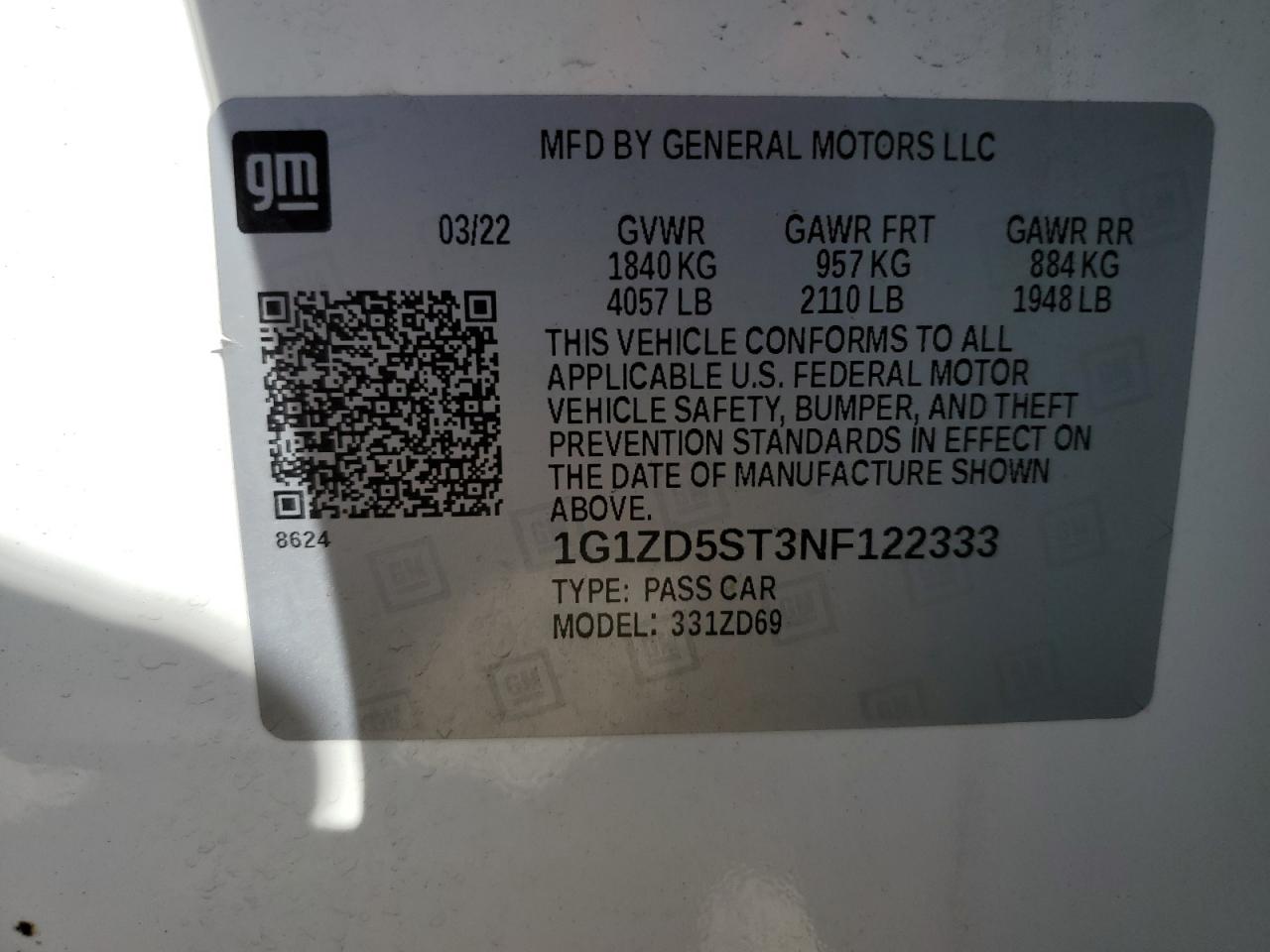 2022 CHEVROLET MALIBU LT VIN:1G1ZD5ST3NF122333