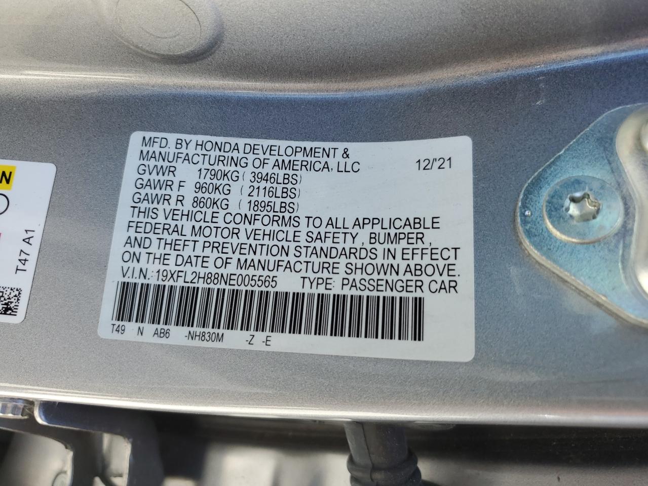 2022 HONDA CIVIC SPORT VIN:19XFL2H88NE005565