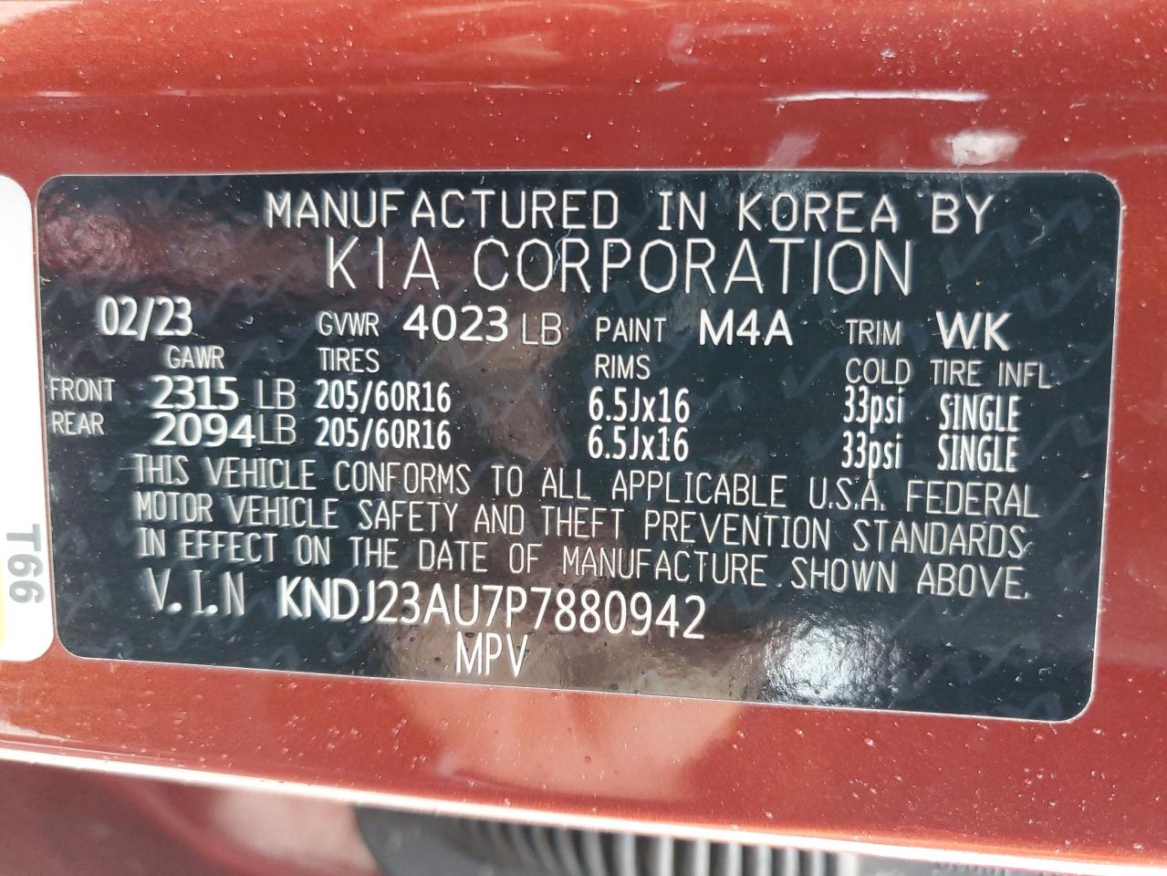 2023 KIA SOUL LX VIN:KNDJ23AU7P7880942
