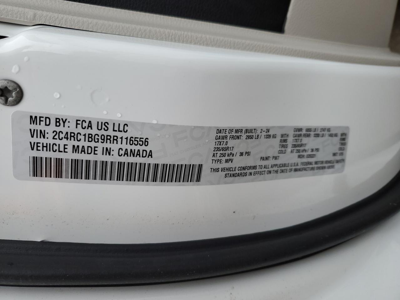 2024 CHRYSLER PACIFICA TOURING L VIN:2C4RC1BG9RR116556