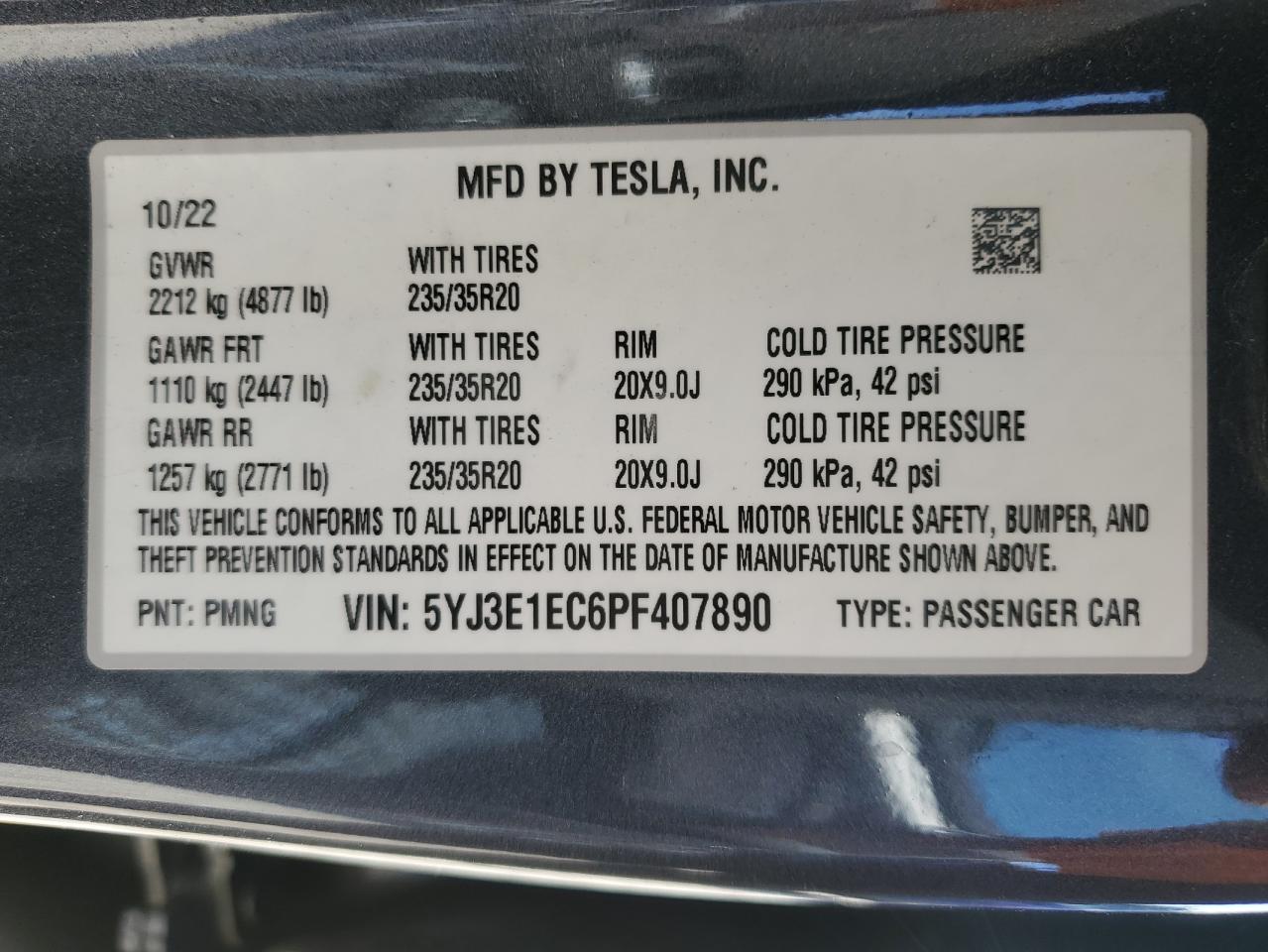 2023 TESLA MODEL 3  VIN:5YJ3E1EC6PF407890