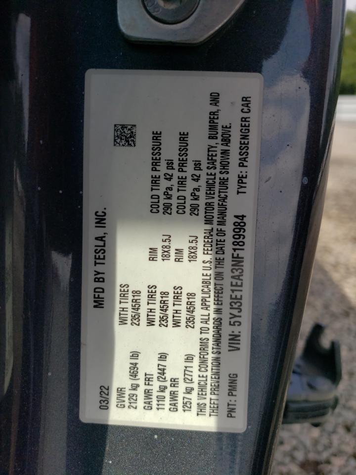 2022 TESLA MODEL 3  VIN:5YJ3E1EA3NF189984