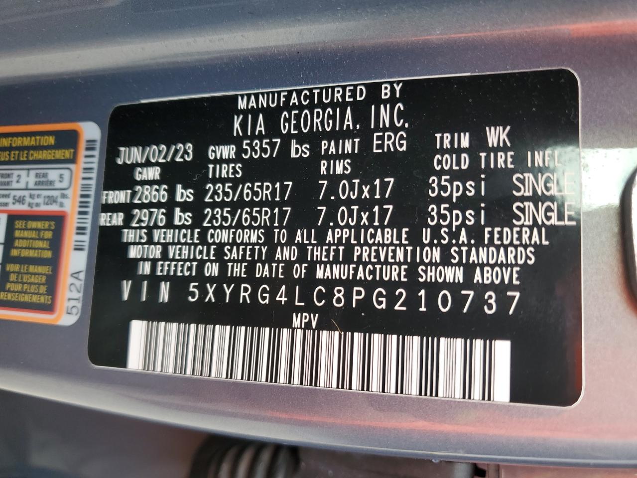 2023 KIA SORENTO LX VIN:5XYRG4LC8PG210737