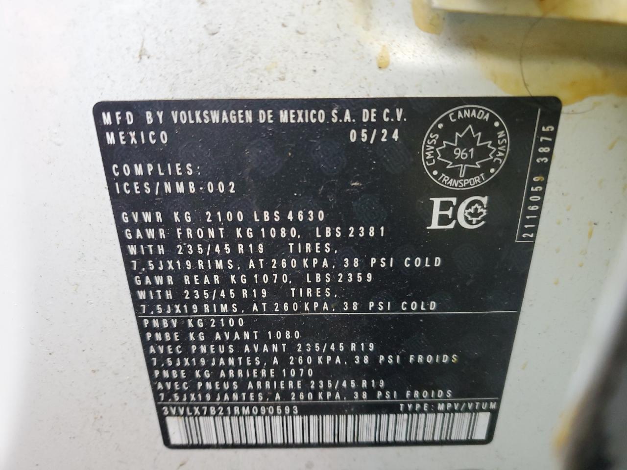 2024 VOLKSWAGEN TAOS SE VIN:3VVLX7B21RM090593
