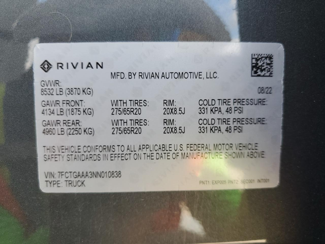 2022 RIVIAN R1T ADVENTURE VIN:7FCTGAAA3NN010838