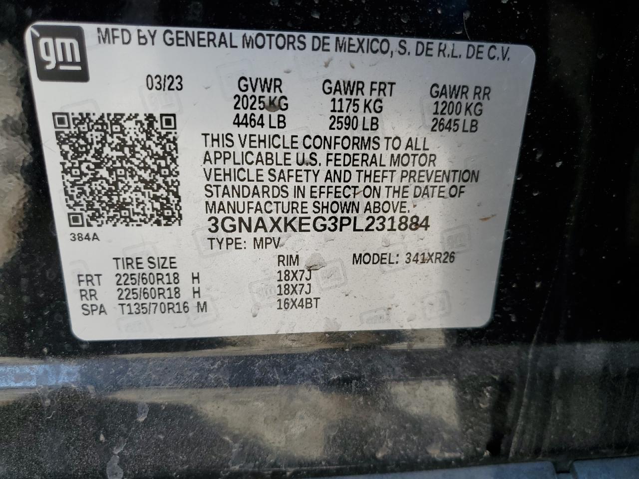 2023 CHEVROLET EQUINOX LT VIN:3GNAXKEG3PL231884