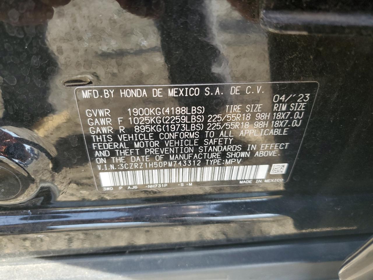 2023 HONDA HR-V SPORT VIN:3CZRZ1H50PM743312