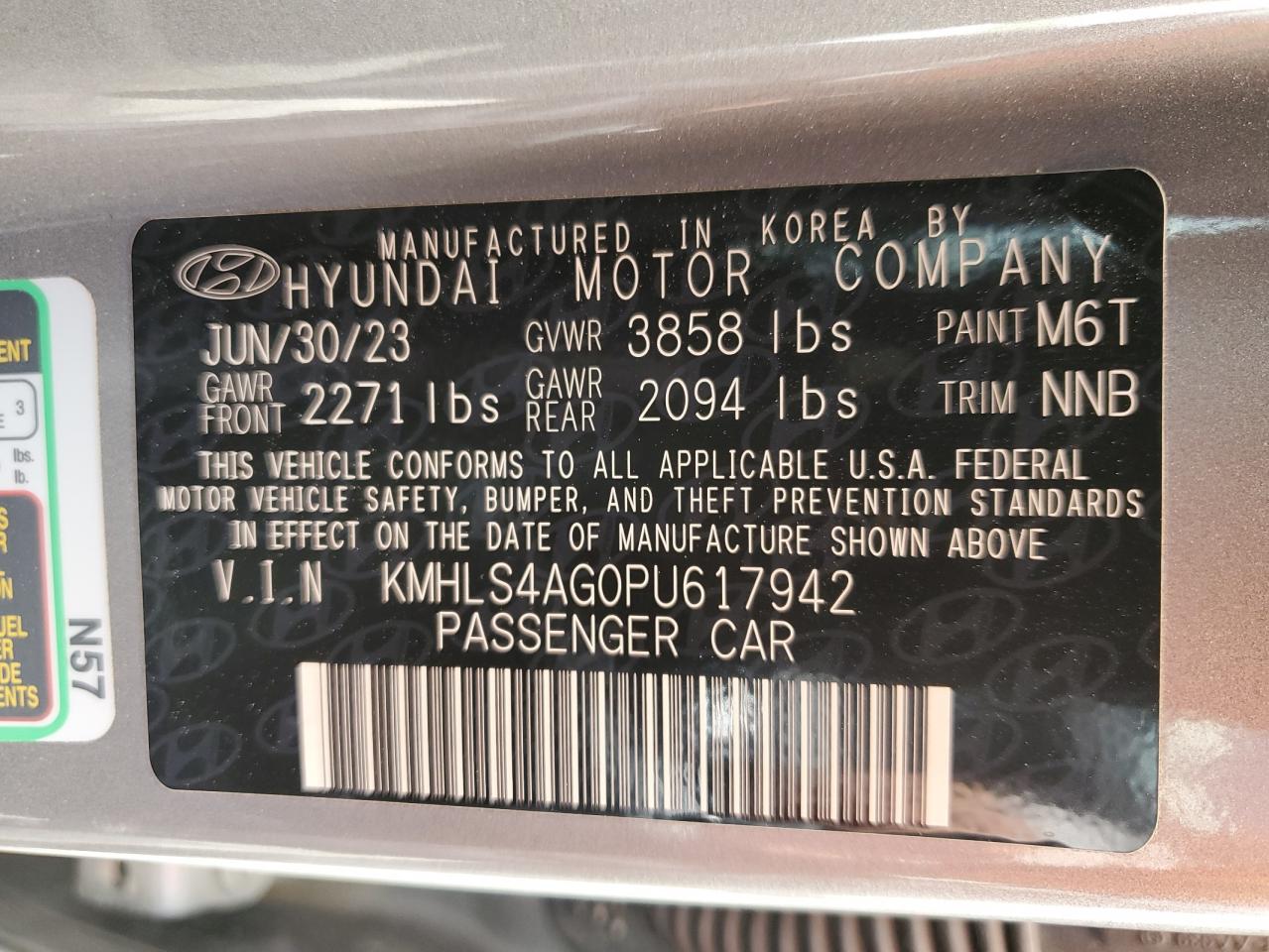 2023 HYUNDAI ELANTRA SEL VIN:KMHLS4AG0PU617942