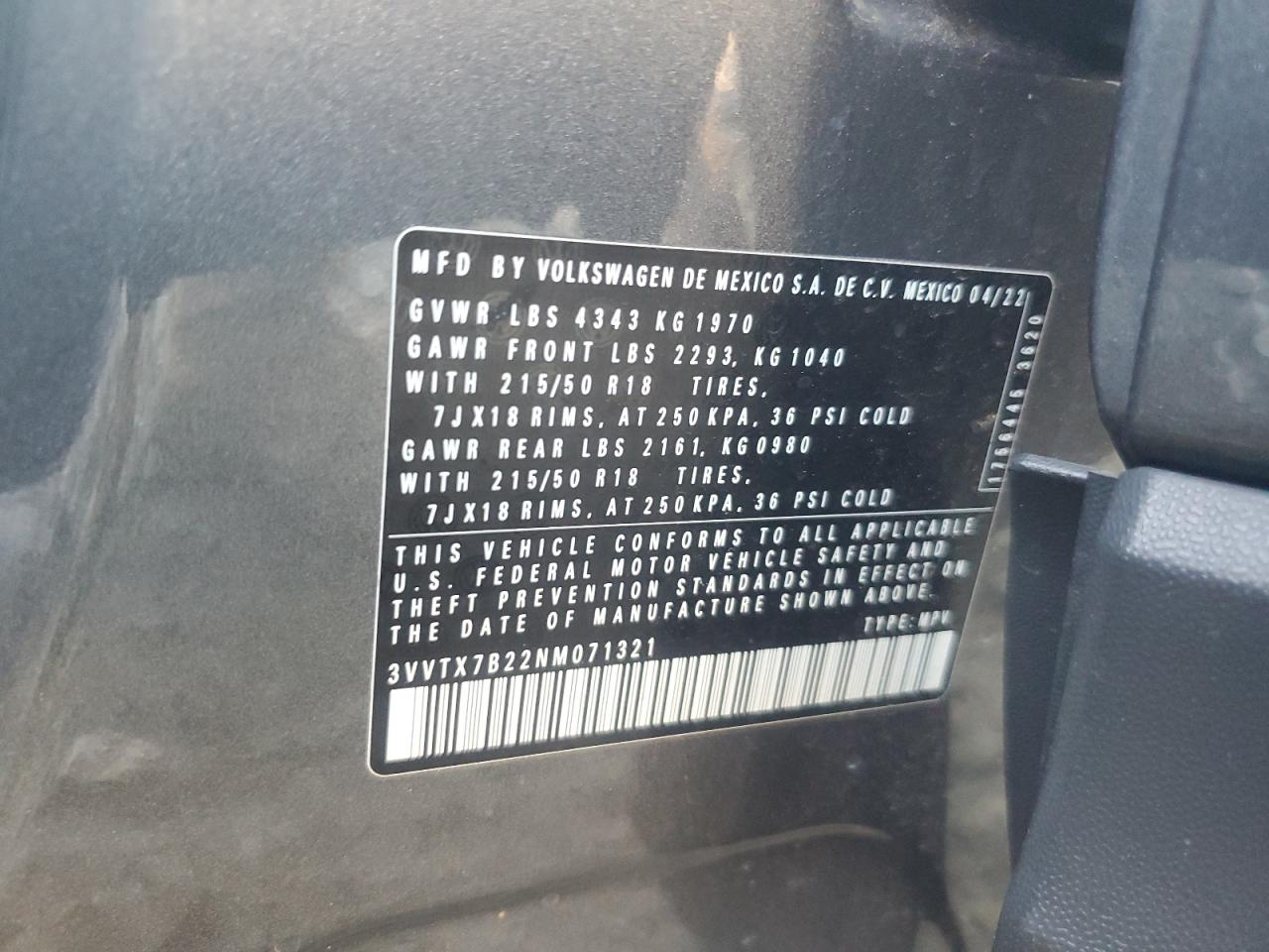 2022 VOLKSWAGEN TAOS SE VIN:3VVTX7B22NM071321