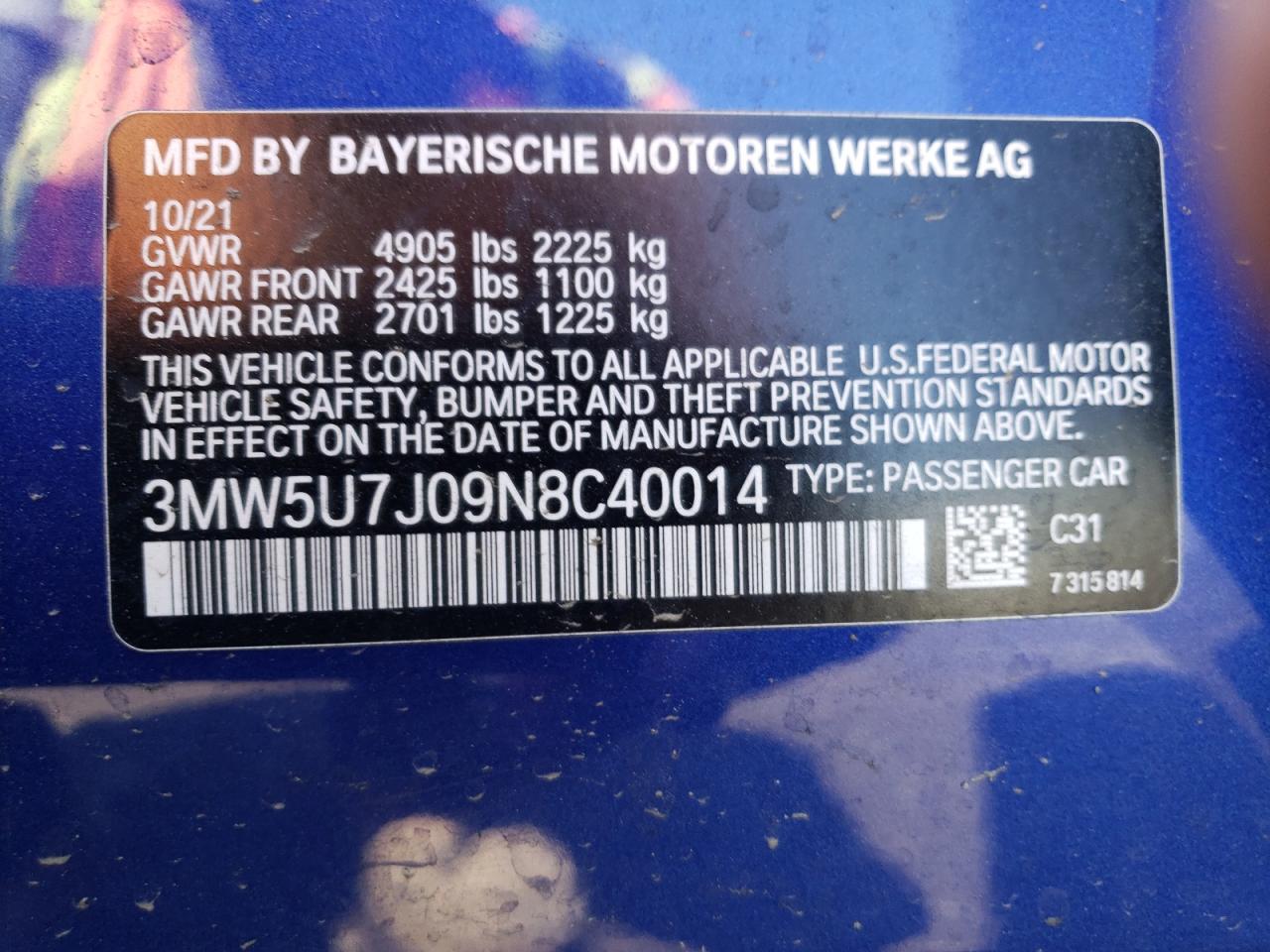 2022 BMW M340I  VIN:3MW5U7J09N8C40014