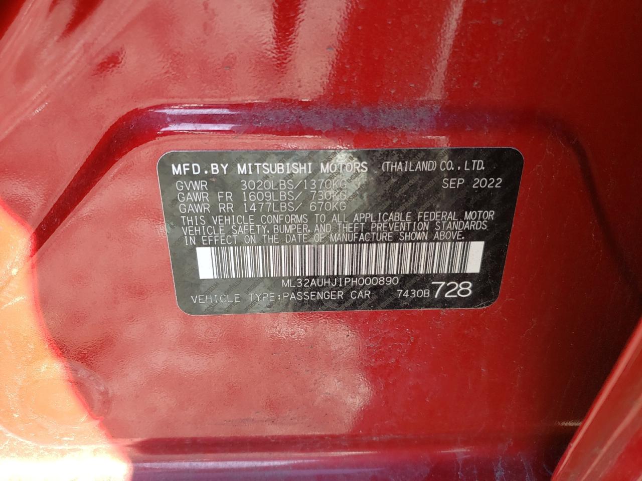 2023 MITSUBISHI MIRAGE ES VIN:ML32AUHJ1PH000890