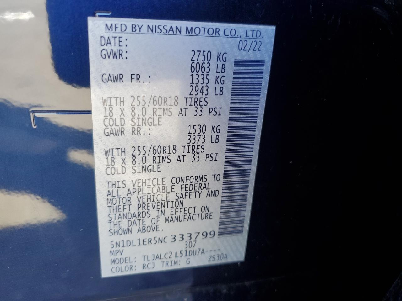 2022 INFINITI QX60 PURE VIN:5N1DL1ER5NC333799