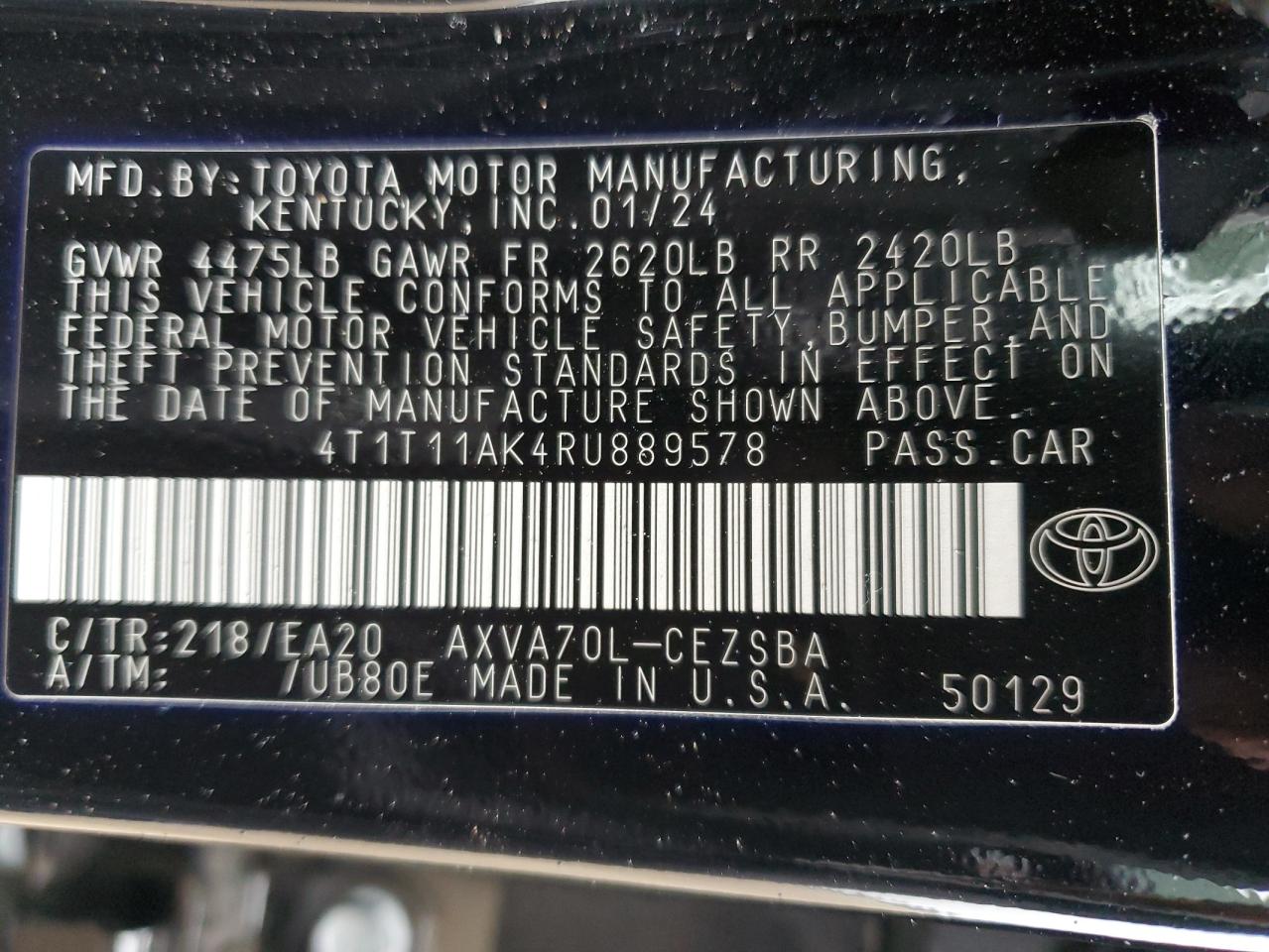 2024 TOYOTA CAMRY SE NIGHT SHADE VIN:4T1T11AK4RU889578