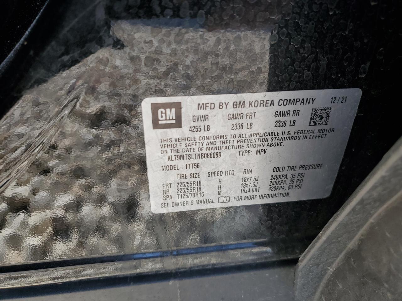 2022 CHEVROLET TRAILBLAZER RS VIN:KL79MTSL1NB086089