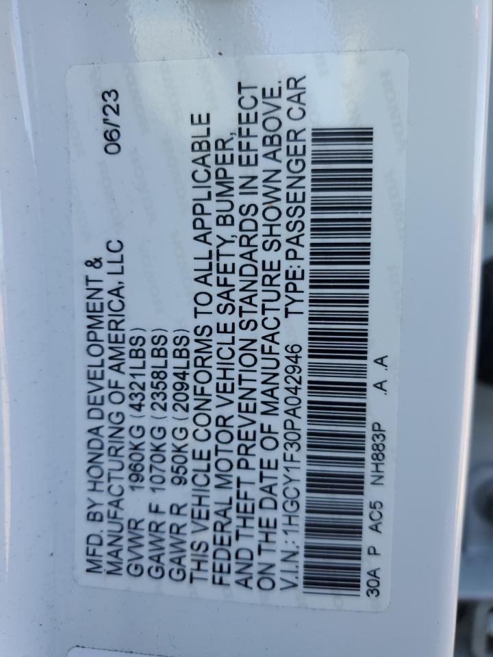 2023 HONDA ACCORD EX VIN:1HGCY1F30PA042946