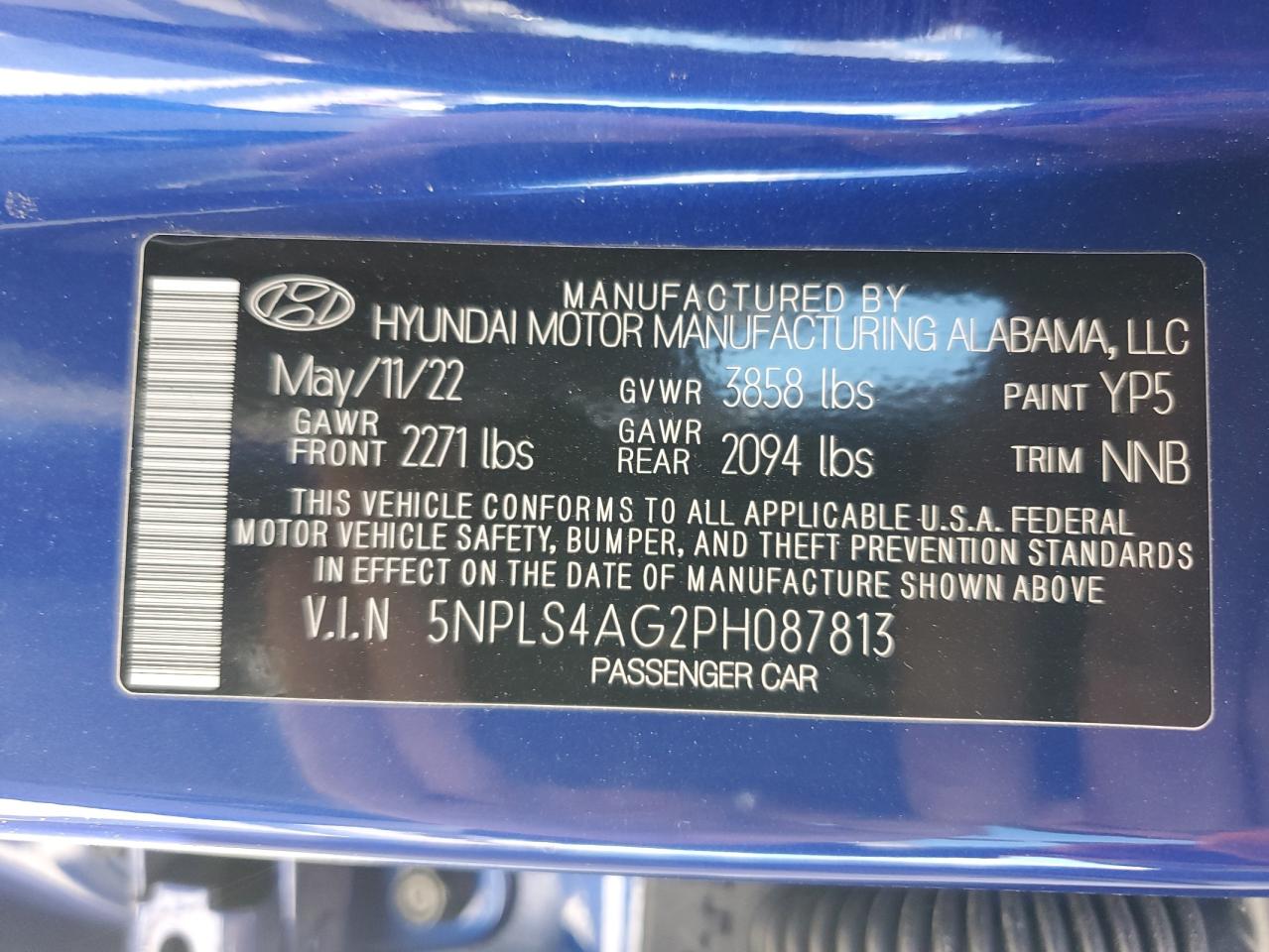 2023 HYUNDAI ELANTRA SEL VIN:5NPLS4AG2PH087813