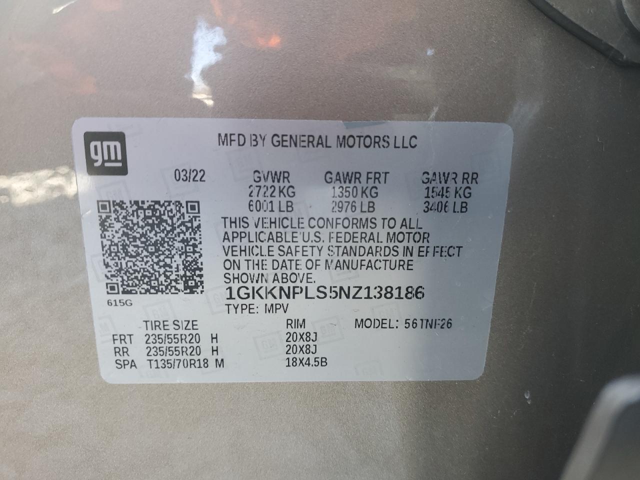 2022 GMC ACADIA DENALI VIN:1GKKNPLS5NZ138186
