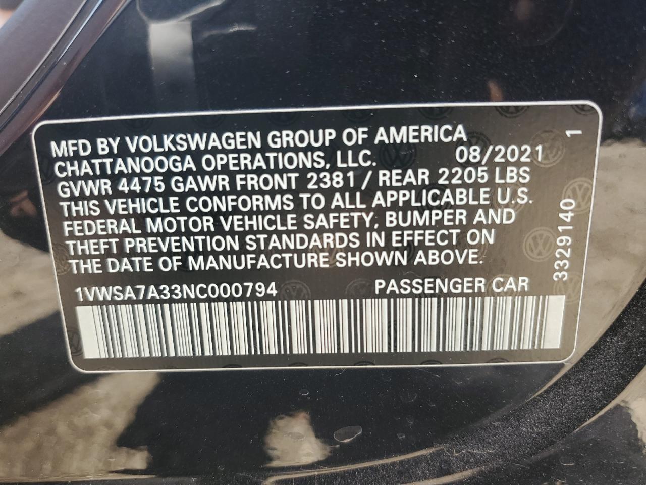 2022 VOLKSWAGEN PASSAT SE VIN:1VWSA7A33NC000794