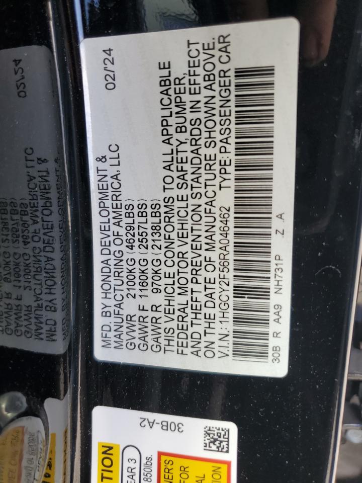 2024 HONDA ACCORD HYBRID SPORT VIN:1HGCY2F56RA046462