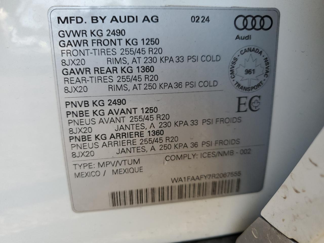 2024 AUDI Q5 PRESTIGE 45 VIN:WA1FAAFY7R2067555