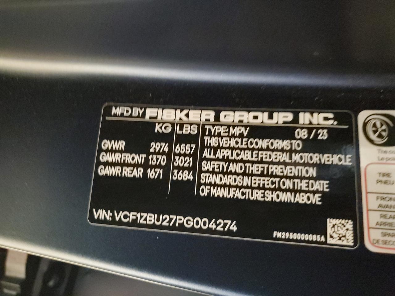2023 FISKER INC. OCEAN OCEAN ONE VIN:VCF1ZBU27PG004274