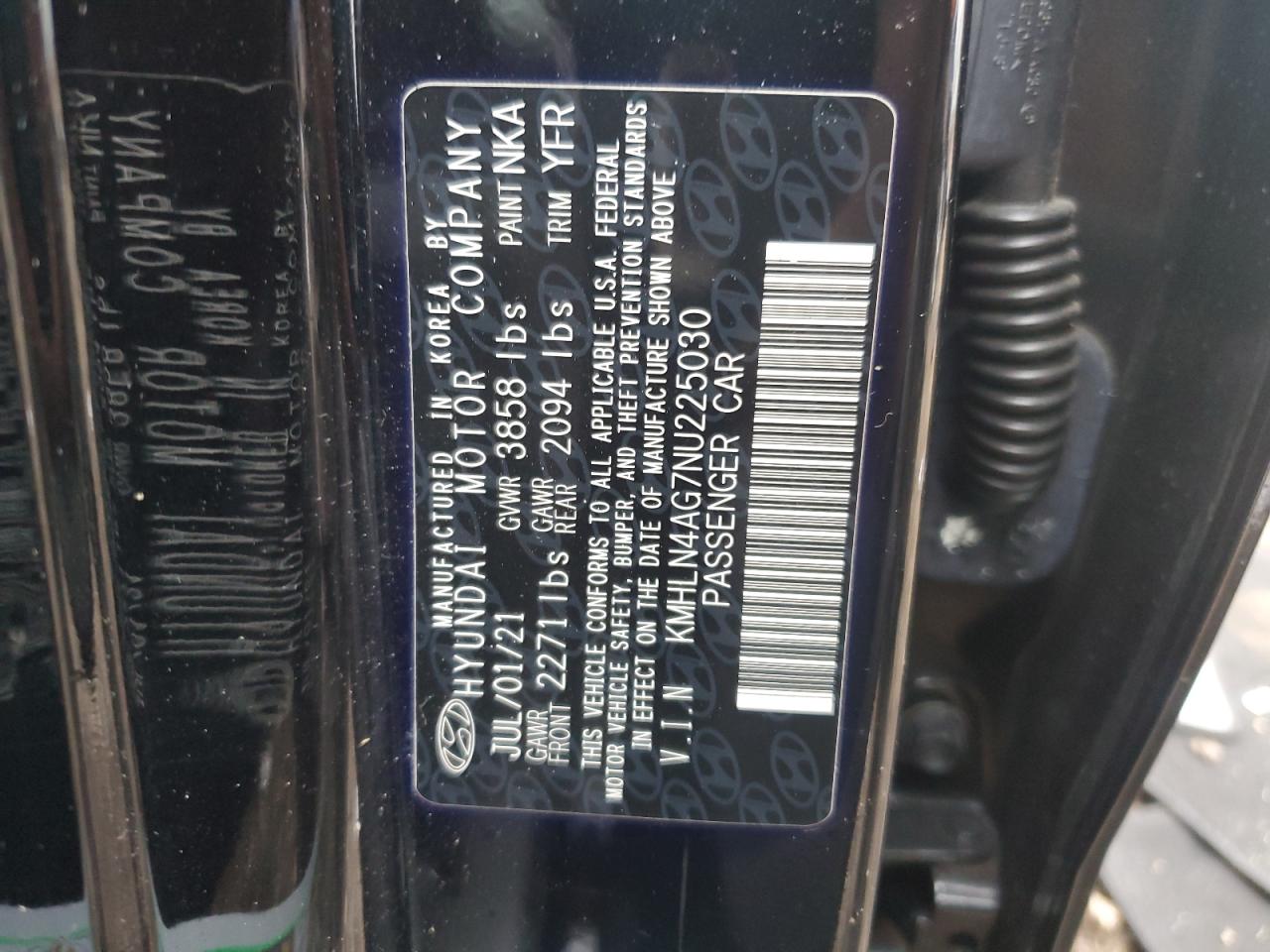 2022 HYUNDAI ELANTRA SEL VIN:KMHLN4AG7NU225030