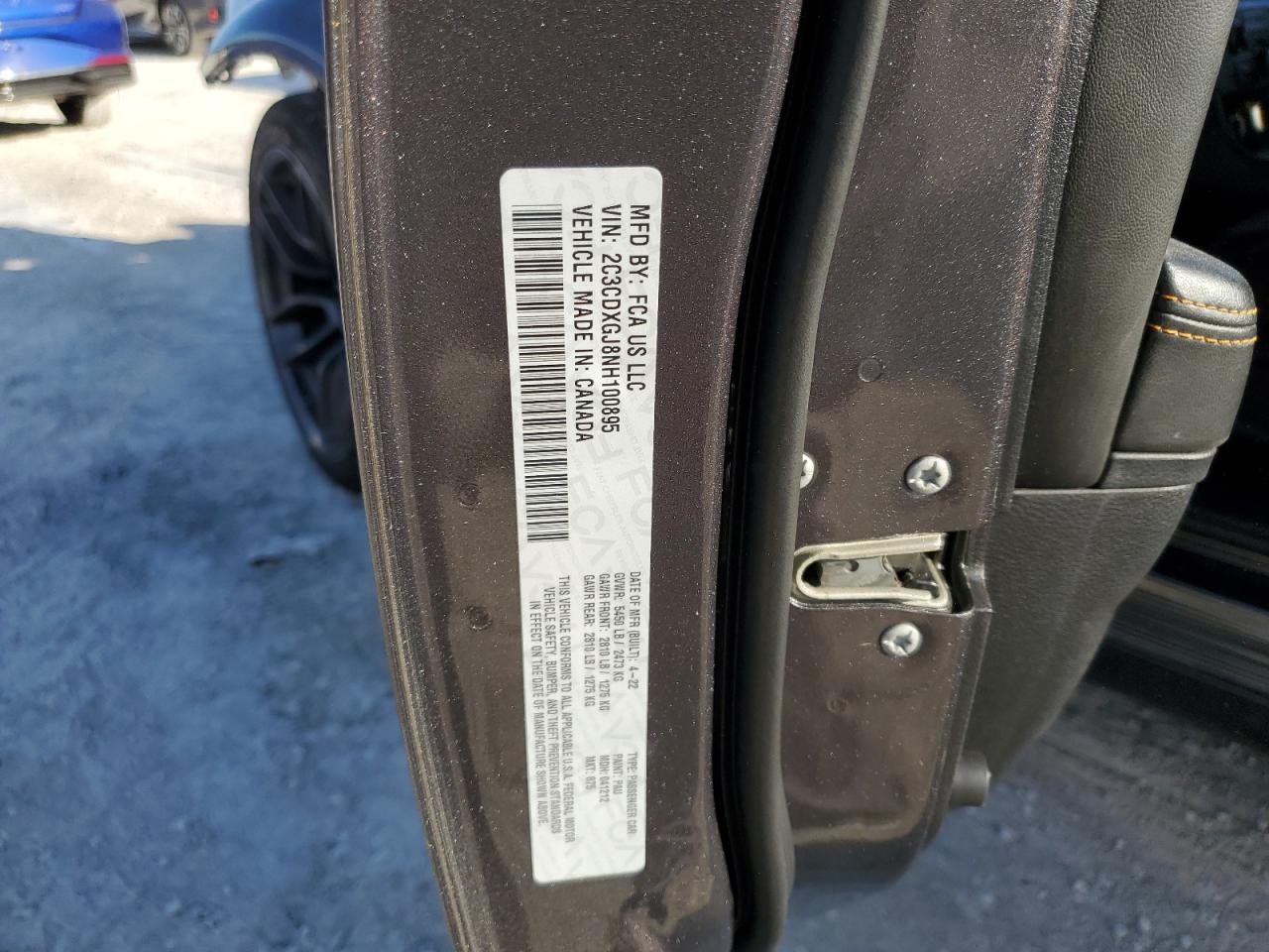 2022 DODGE CHARGER SCAT PACK VIN:2C3CDXGJ8NH100895