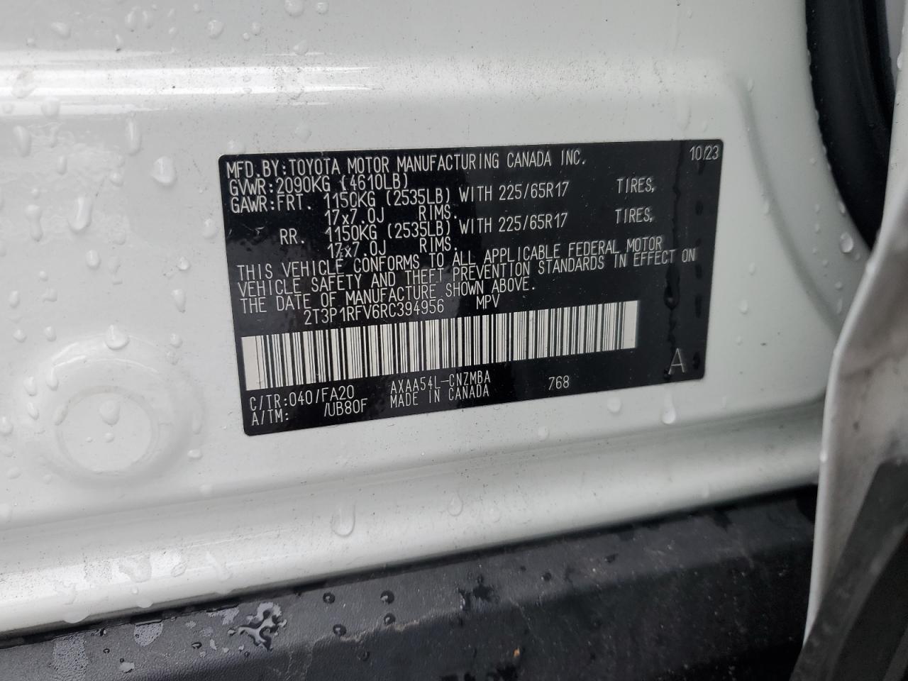 2024 TOYOTA RAV4 XLE VIN:2T3P1RFV6RC394956