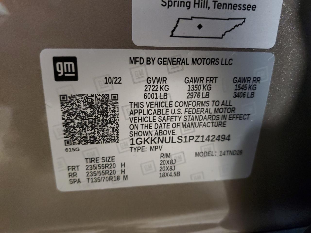 2023 GMC ACADIA SLT VIN:1GKKNULS1PZ142494