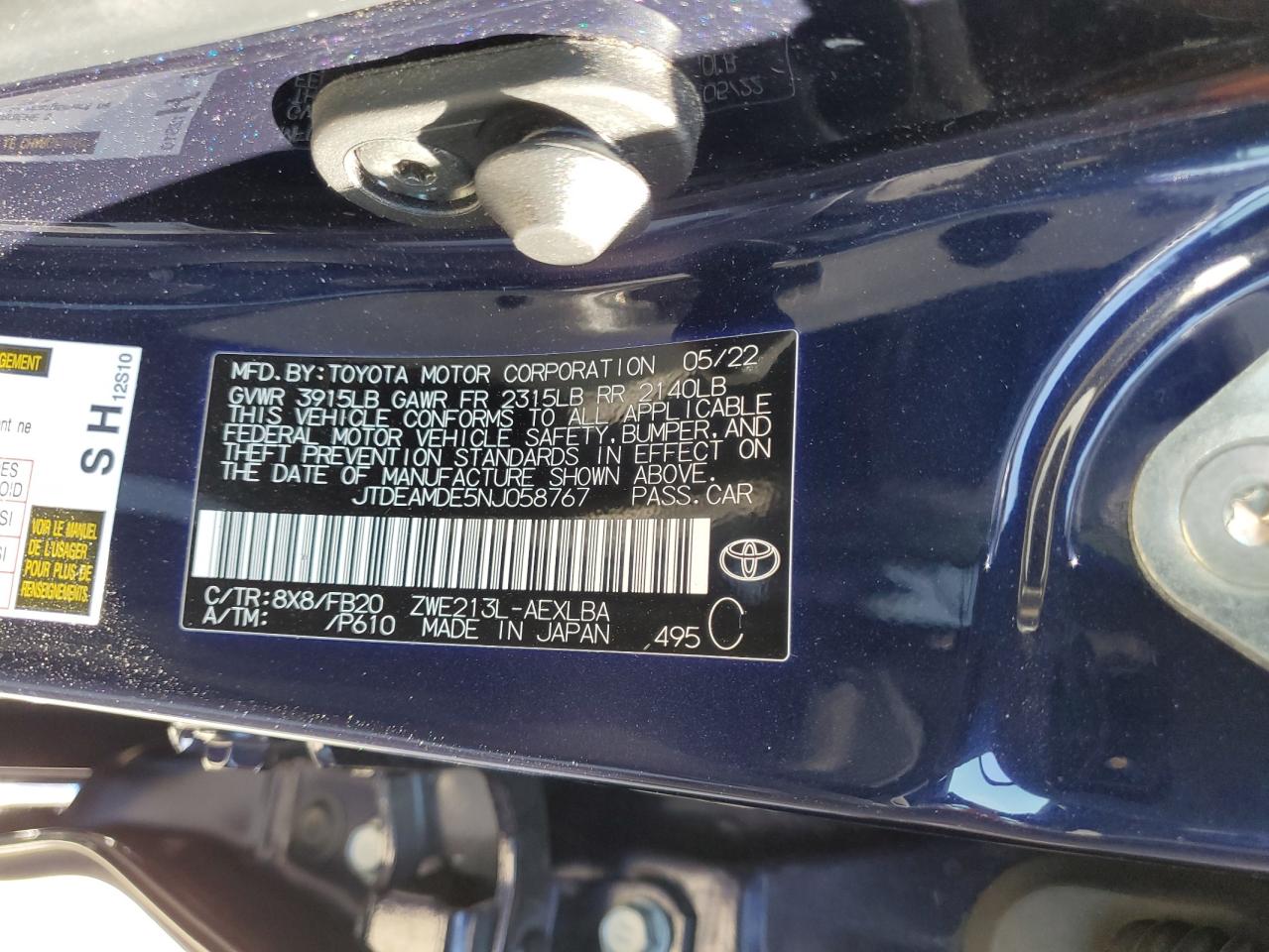 2022 TOYOTA COROLLA LE VIN:JTDEAMDE5NJ058767