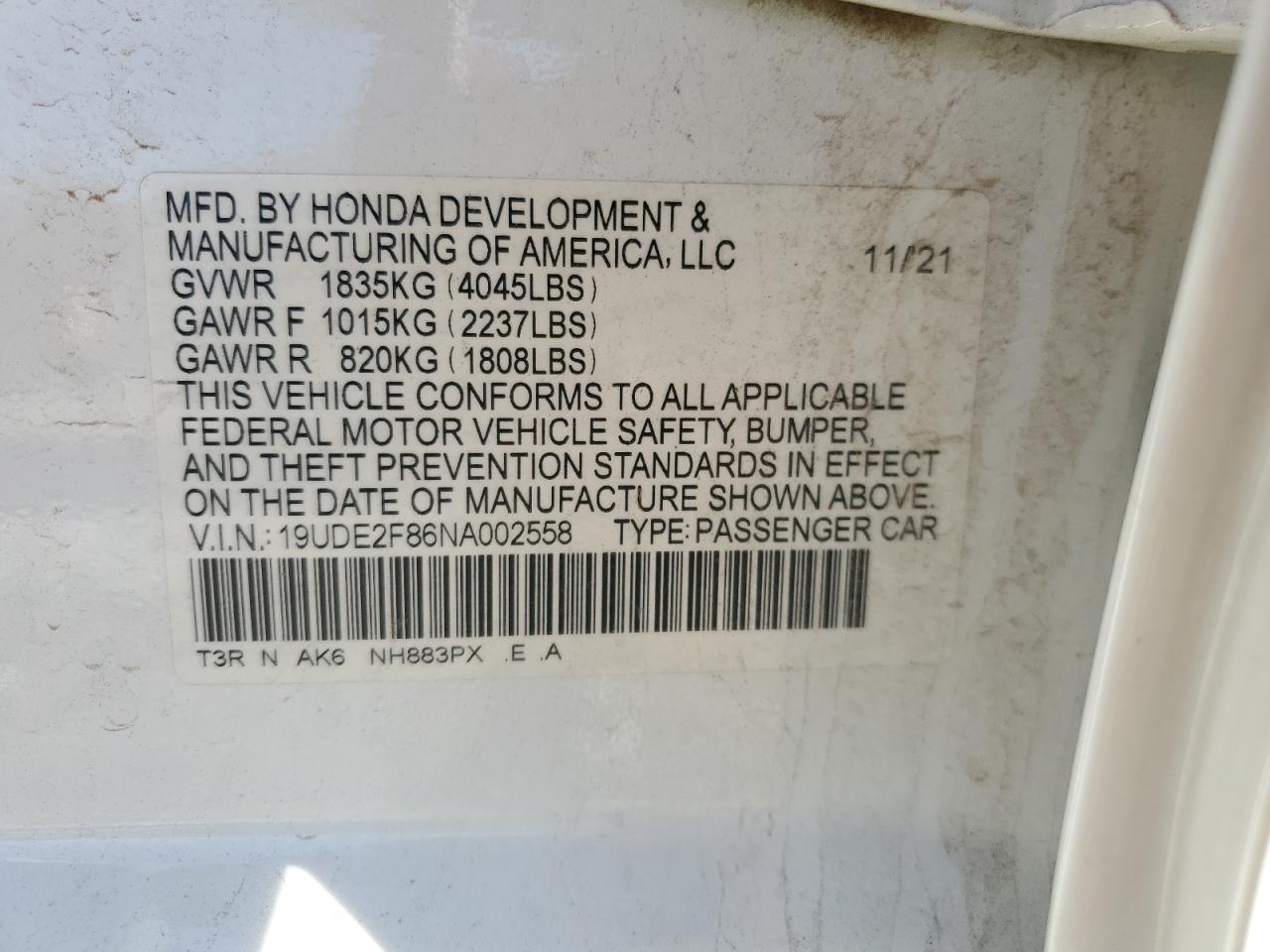 2022 ACURA ILX PREMIUM A-SPEC VIN:19UDE2F86NA002558