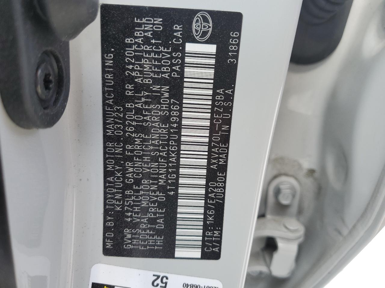 2023 TOYOTA CAMRY SE NIGHT SHADE VIN:4T1G11AK6PU149867