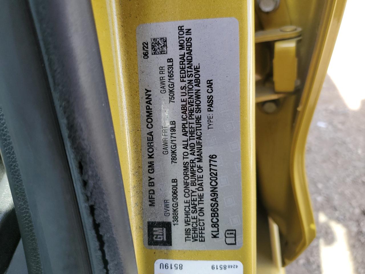 2022 CHEVROLET SPARK LS VIN:KL8CB6SA9NC027776