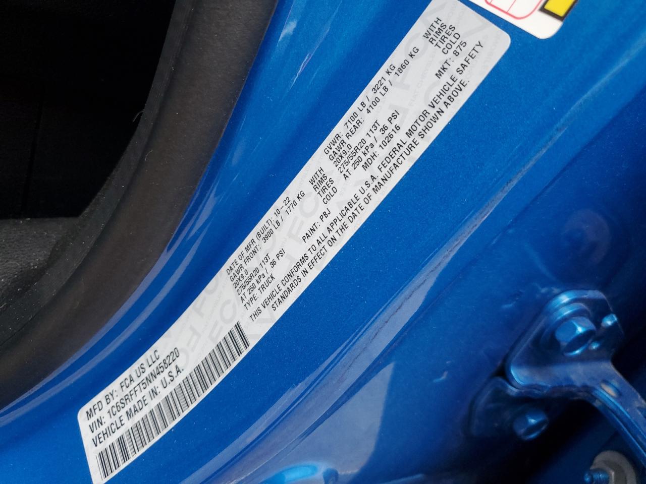 2022 RAM 1500 BIG HORN/LONE STAR VIN:1C6SRFFT5NN458220